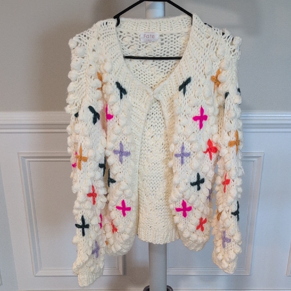Fate From VICI Cream Knit Cardigan with Multicolor Crosses XS